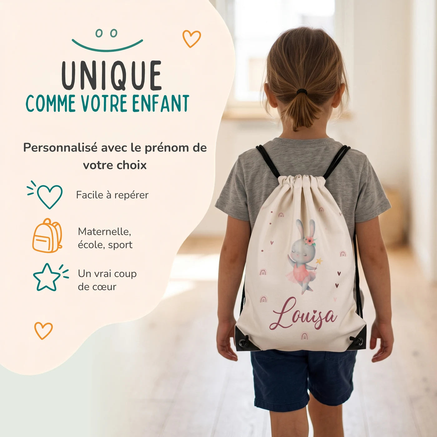 Enfant portant son sac de sport personnalisé sur le dos, motif lapin ballerine — Kidsmood
