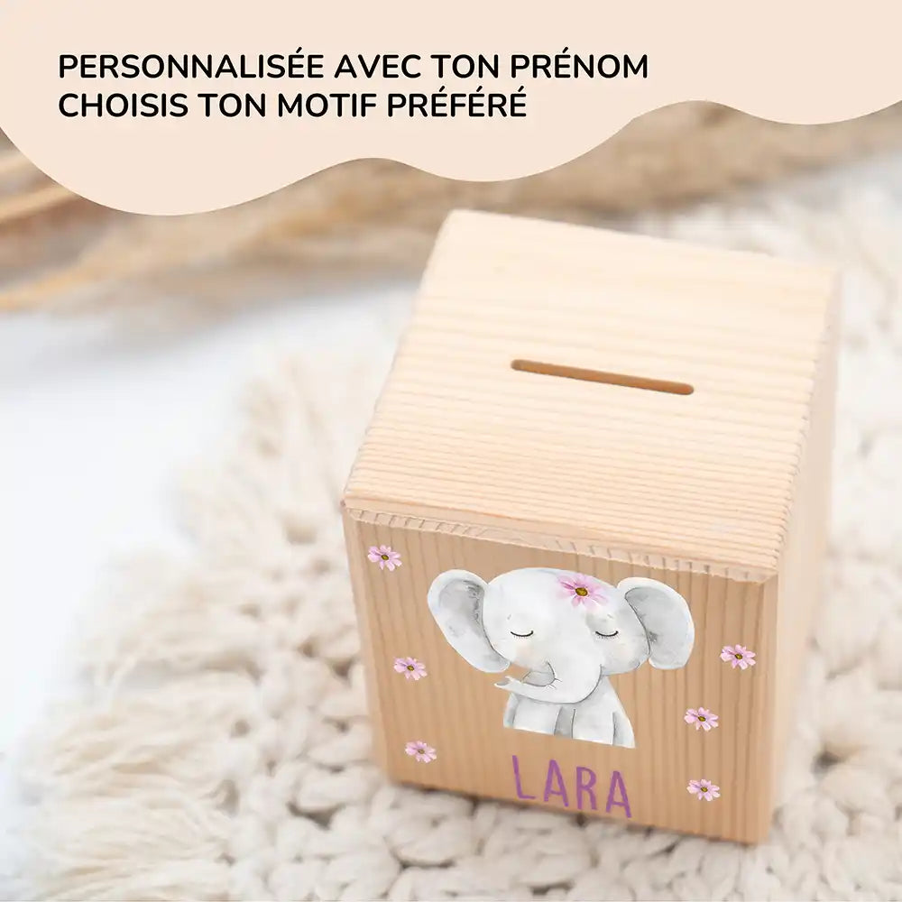 Tirelire en bois pour enfant, prénom et motif éléphant fleuri au choix — Kidsmood