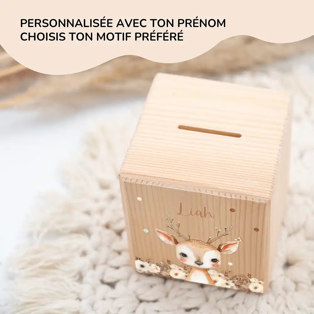 Tirelire en bois pour enfant, prénom et motif faon fleuri au choix — Kidsmood