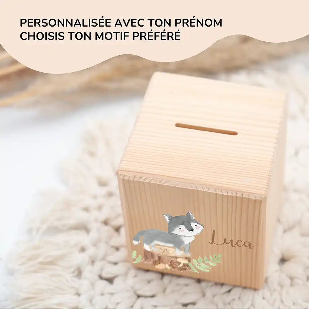 Tirelire en bois pour enfant, prénom et motif loup au choix — Kidsmood