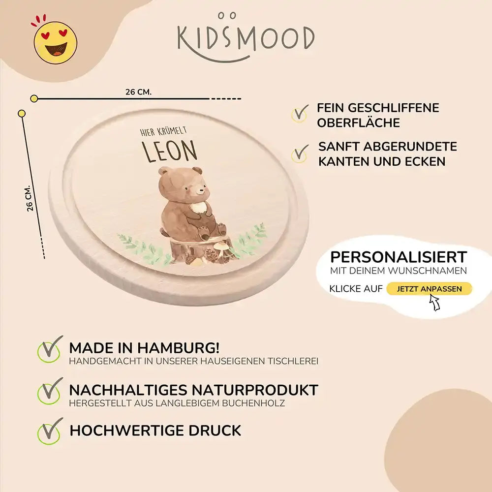 Rundes personalisiertes Frühstücksbrettchen Bär mit Namen für Kinder