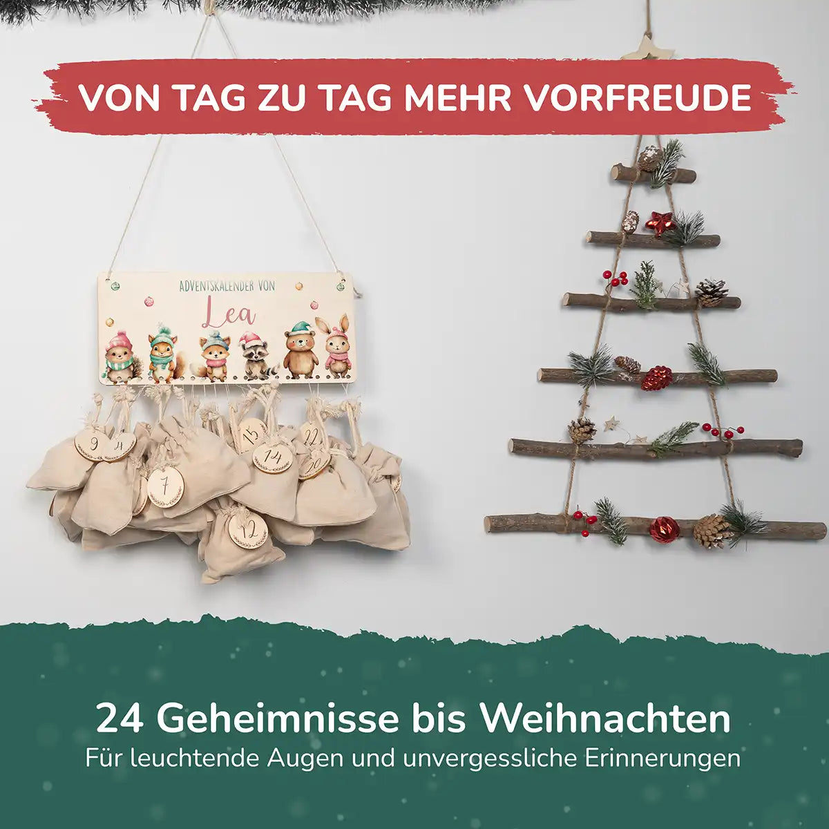 Personalisierbarer Adventskalender farbig - Glückliche Tierfamilie