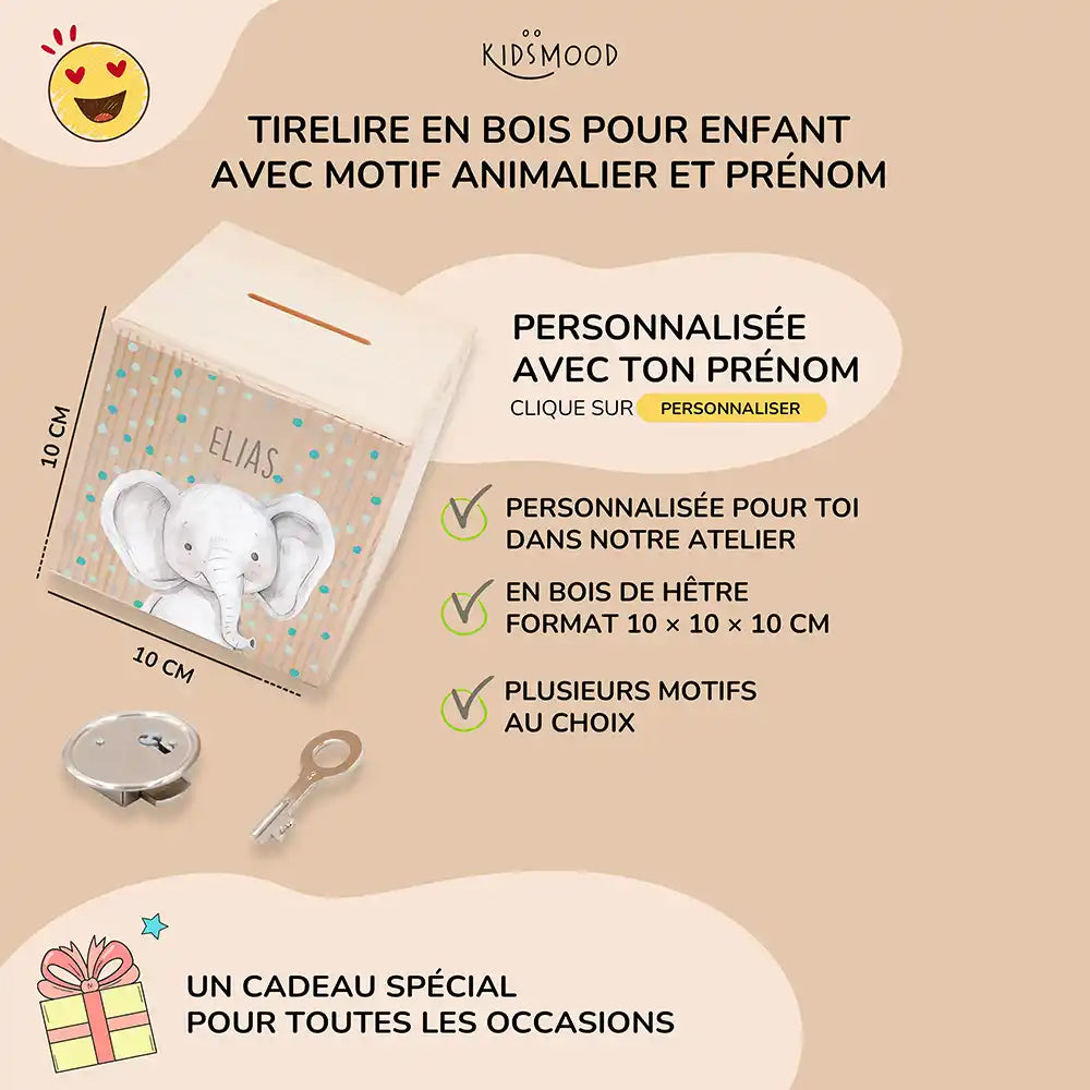 Tirelire enfant personnalisée 10 × 10 × 10 cm en bois, motif éléphant confettis — Kidsmood