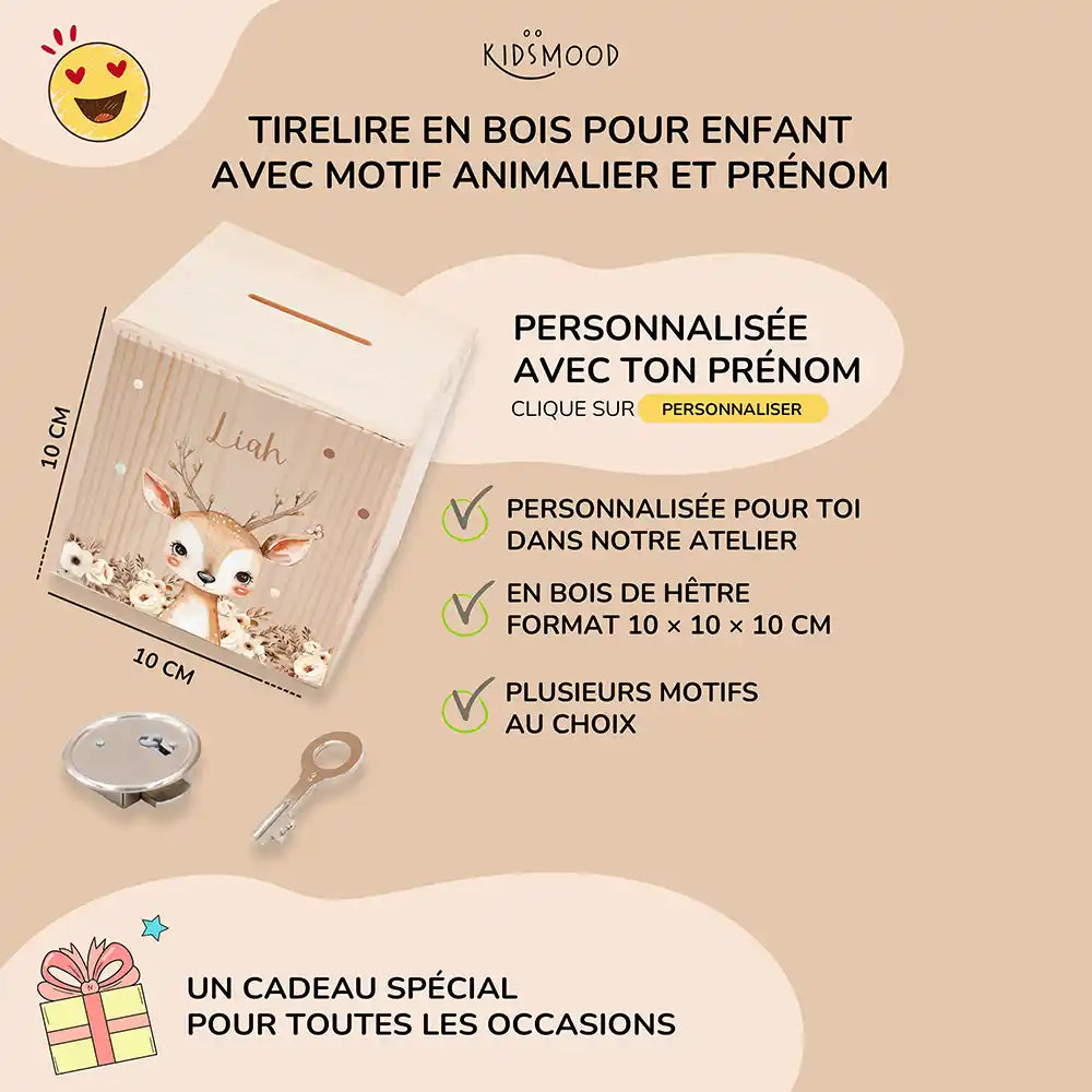 Tirelire enfant personnalisée 10 × 10 × 10 cm en bois, motif faon fleuri — Kidsmood