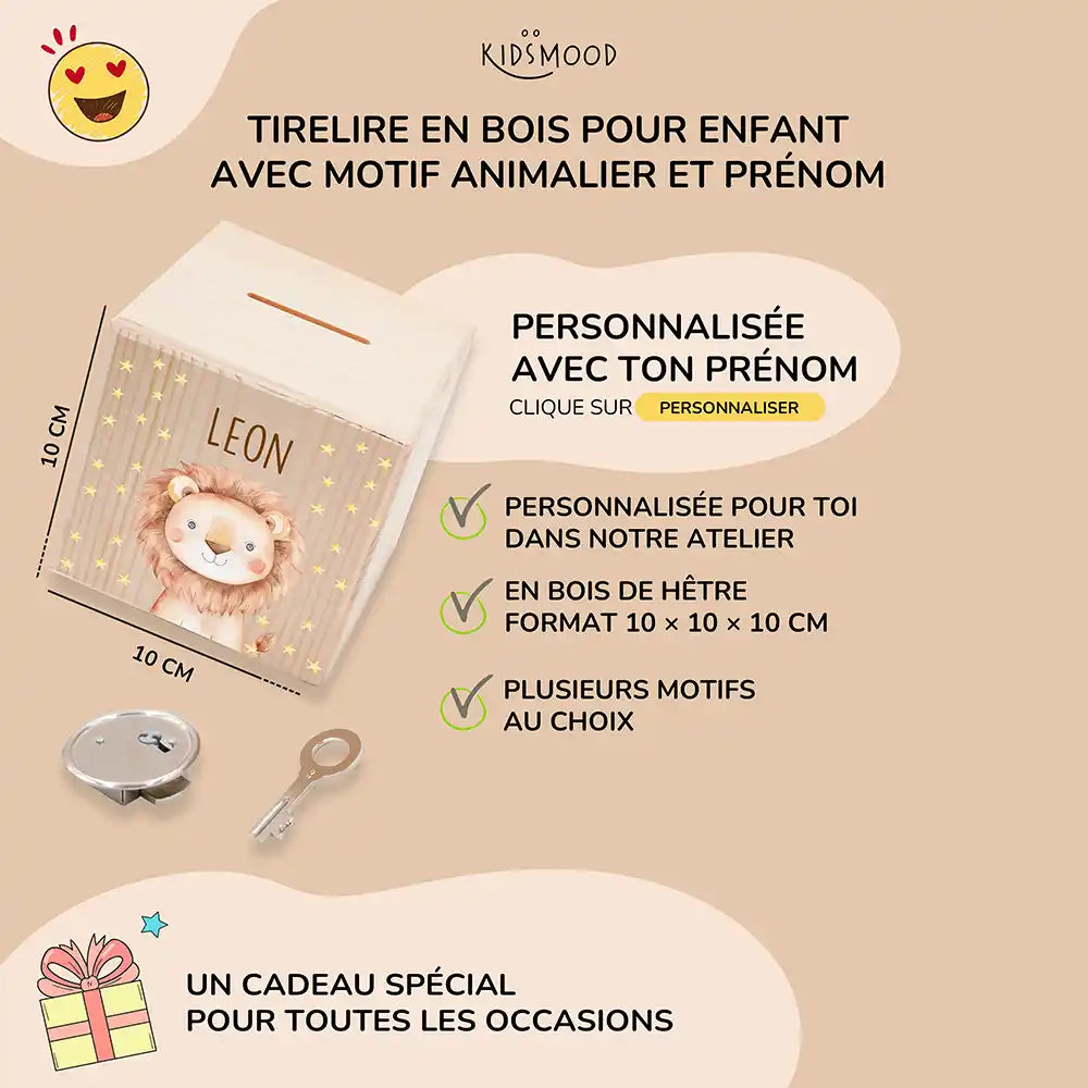 Tirelire enfant personnalisée 10 × 10 × 10 cm en bois, motif lion — Kidsmood