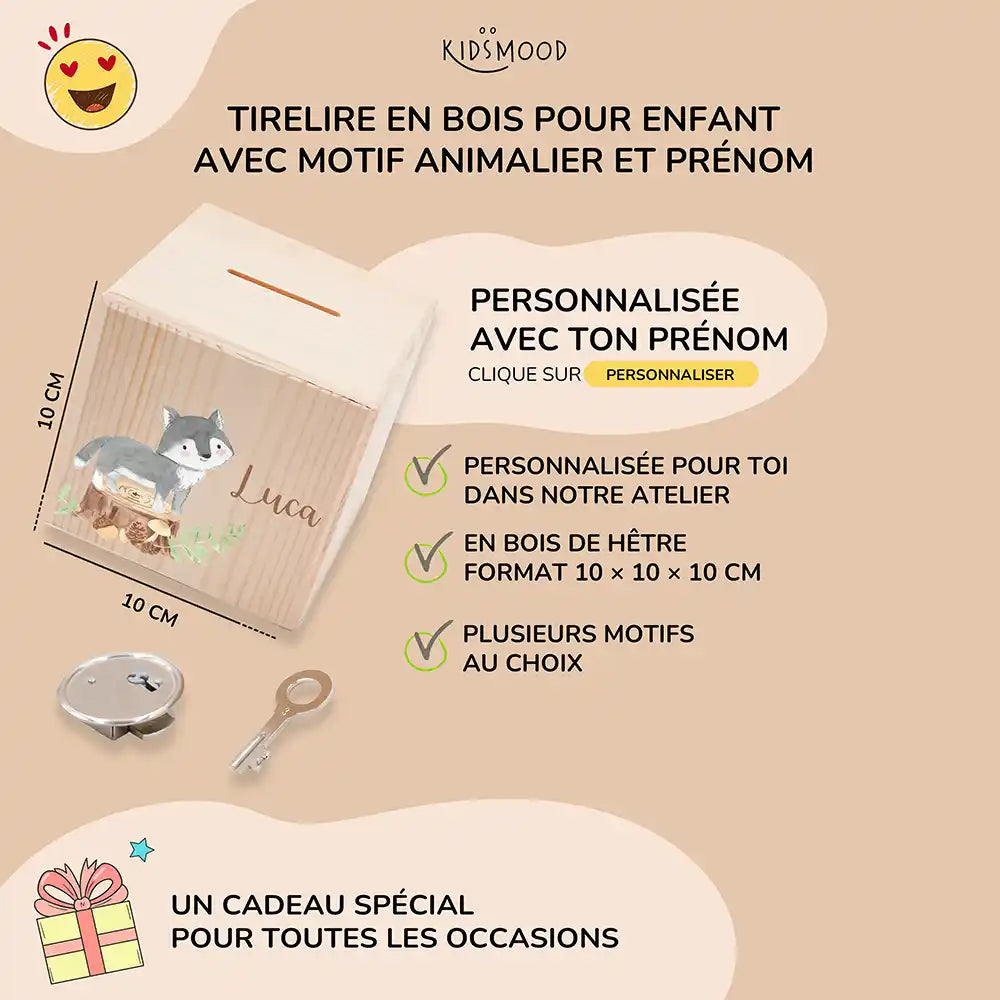 Tirelire enfant personnalisée 10 × 10 × 10 cm en bois, motif loup — Kidsmood