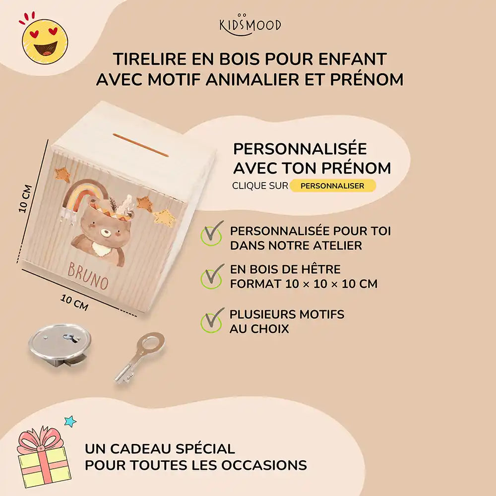 Tirelire enfant personnalisée 10 × 10 × 10 cm en bois, motif ours bohème — Kidsmood
