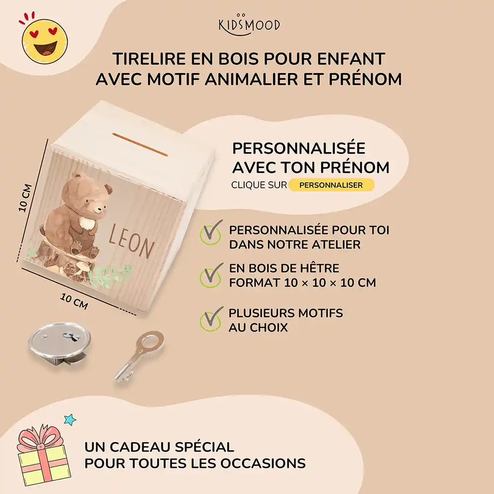 Tirelire enfant personnalisée 10 × 10 × 10 cm en bois, motif ours des bois — Kidsmood