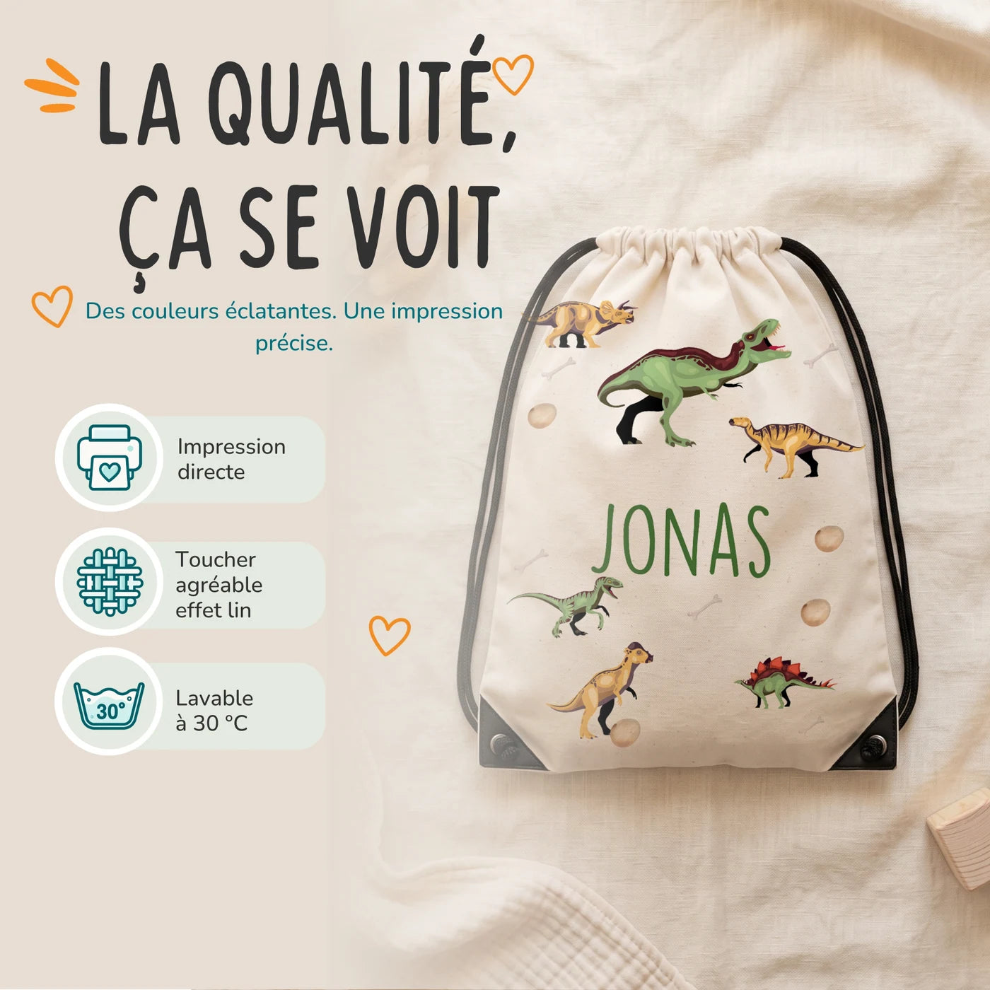 Sac de sport personnalisé, impression directe et lavage à 30 °C, motif dinosaures — Kidsmood