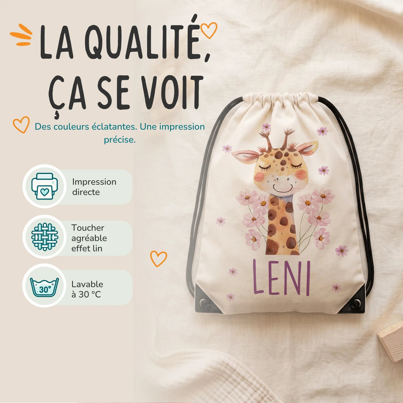 Sac de sport personnalisé, impression directe et lavage à 30 °C, motif girafe — Kidsmood