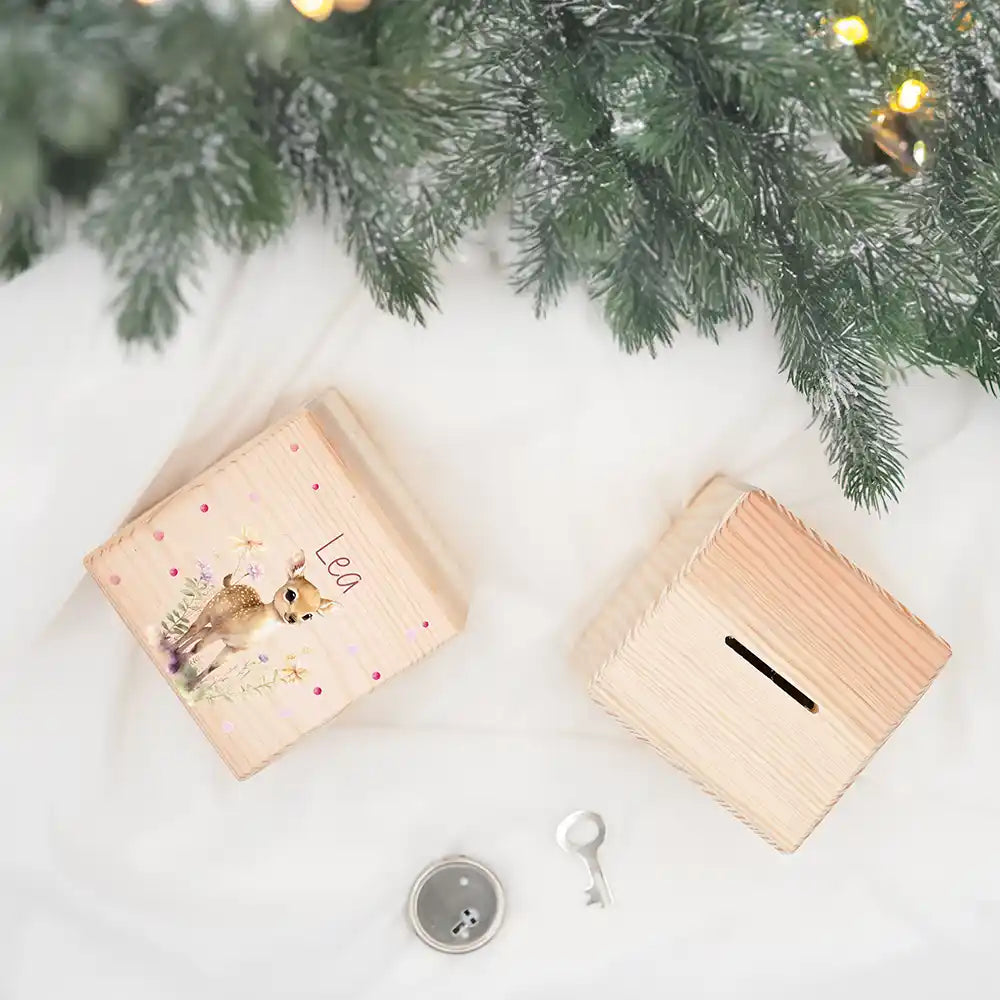 Tirelire en bois personnalisée, cadeau de Noël pour enfant, motif faon des prés — Kidsmood