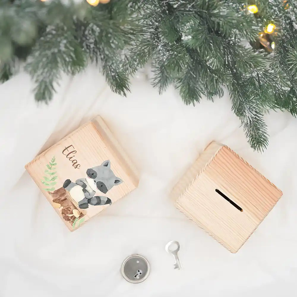 Tirelire en bois personnalisée, cadeau de Noël pour enfant, motif raton laveur — Kidsmood