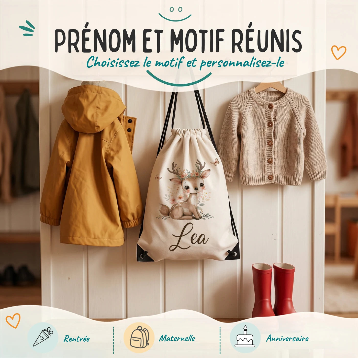 Sac de sport enfant avec prénom et motif au choix, motif faon et papillons — Kidsmood