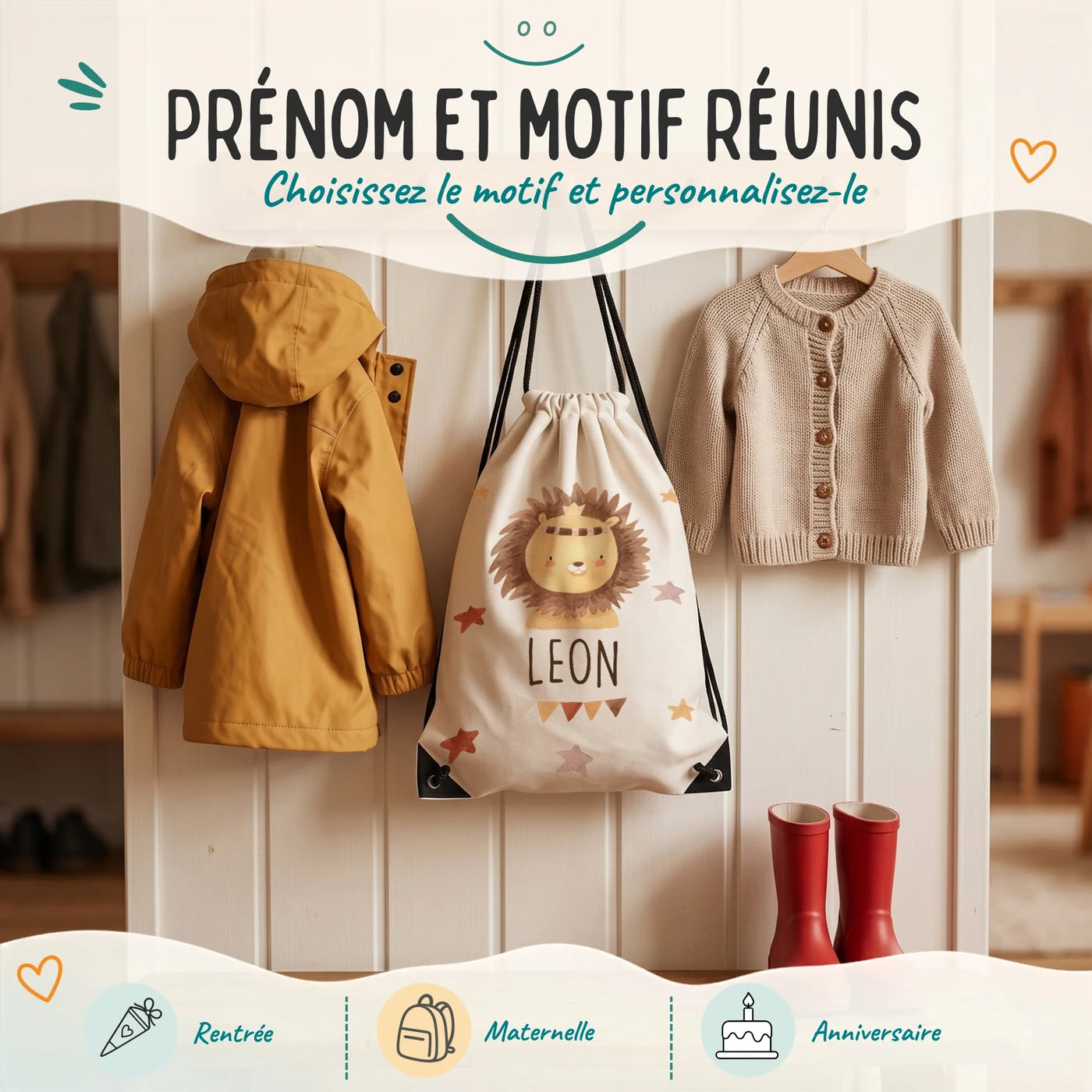 Sac de sport enfant avec prénom et motif au choix, motif lion bohème — Kidsmood