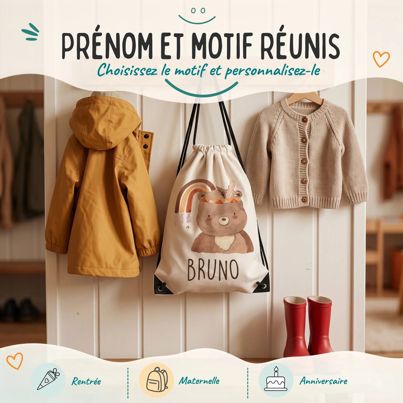 Sac de sport enfant avec prénom et motif au choix, motif ours bohème — Kidsmood