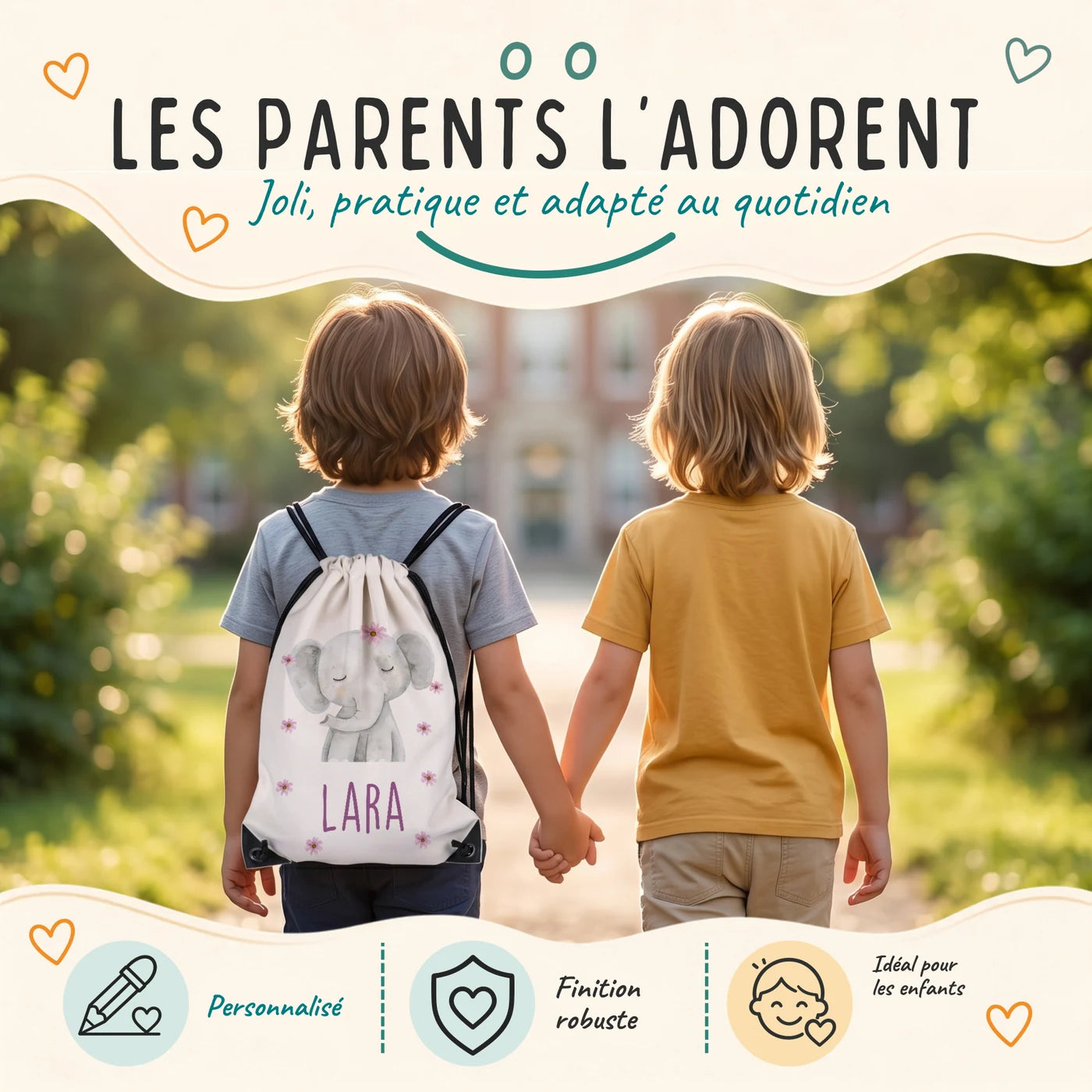 Deux enfants avec leur sac de sport personnalisé sur le chemin de l'école, motif éléphant fleuri — Kidsmood
