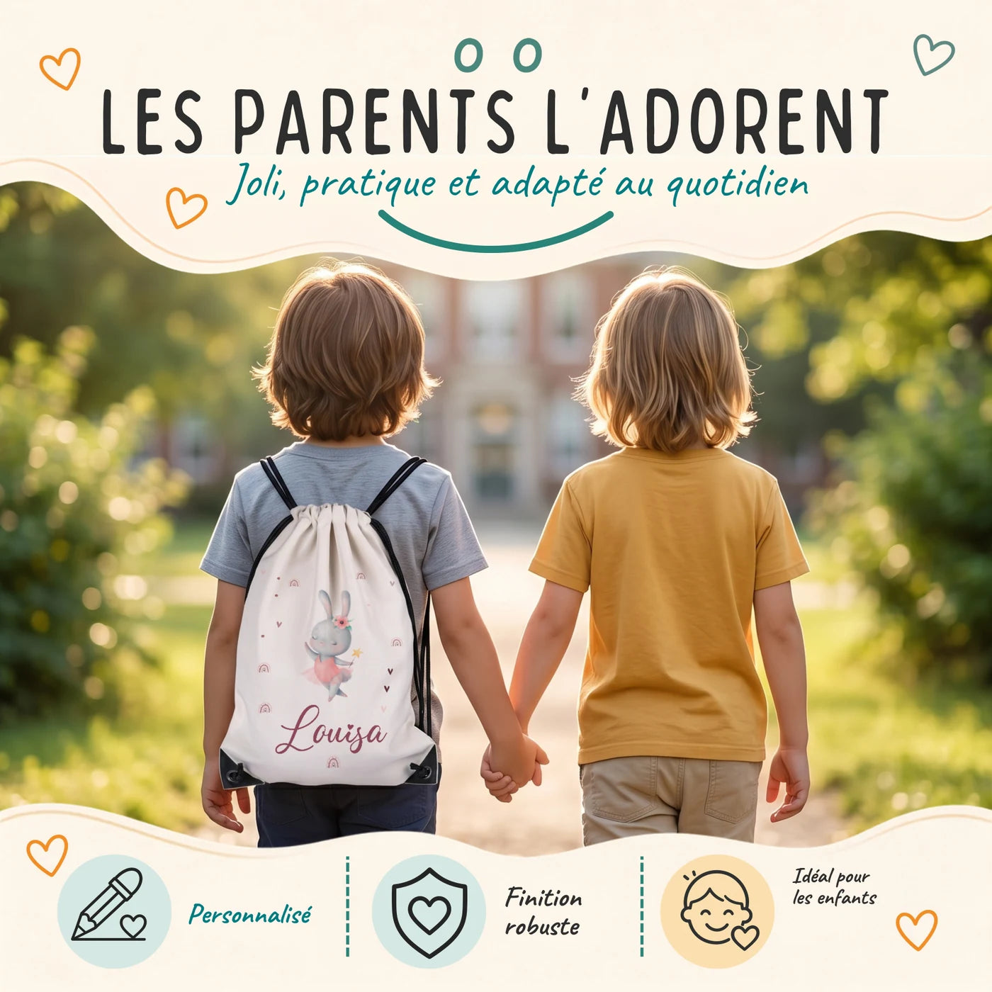 Deux enfants avec leur sac de sport personnalisé sur le chemin de l'école, motif lapin ballerine — Kidsmood