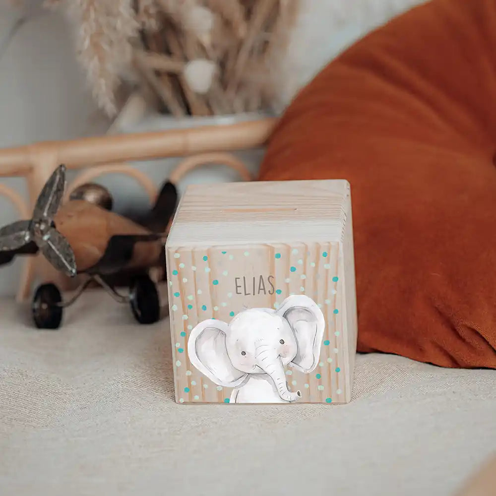 Tirelire en bois pour enfant en décoration de chambre, motif éléphant confettis — Kidsmood