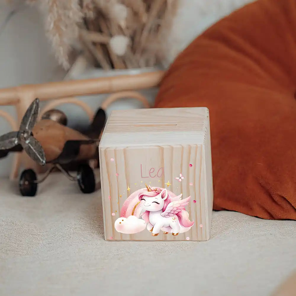 Tirelire en bois pour enfant en décoration de chambre, motif licorne — Kidsmood