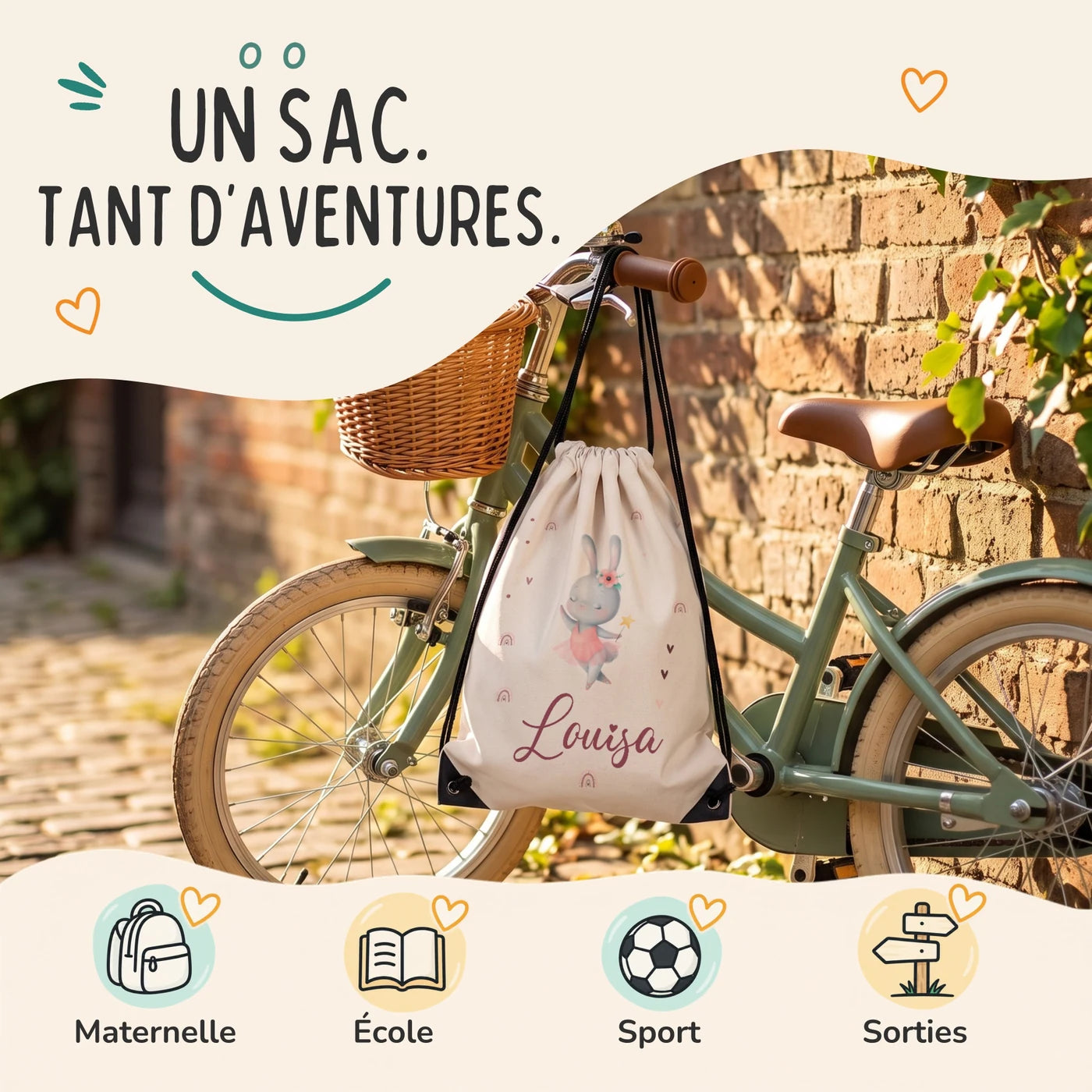 Sac de sport enfant pour la maternelle, l'école, le sport et les sorties, motif lapin ballerine — Kidsmood