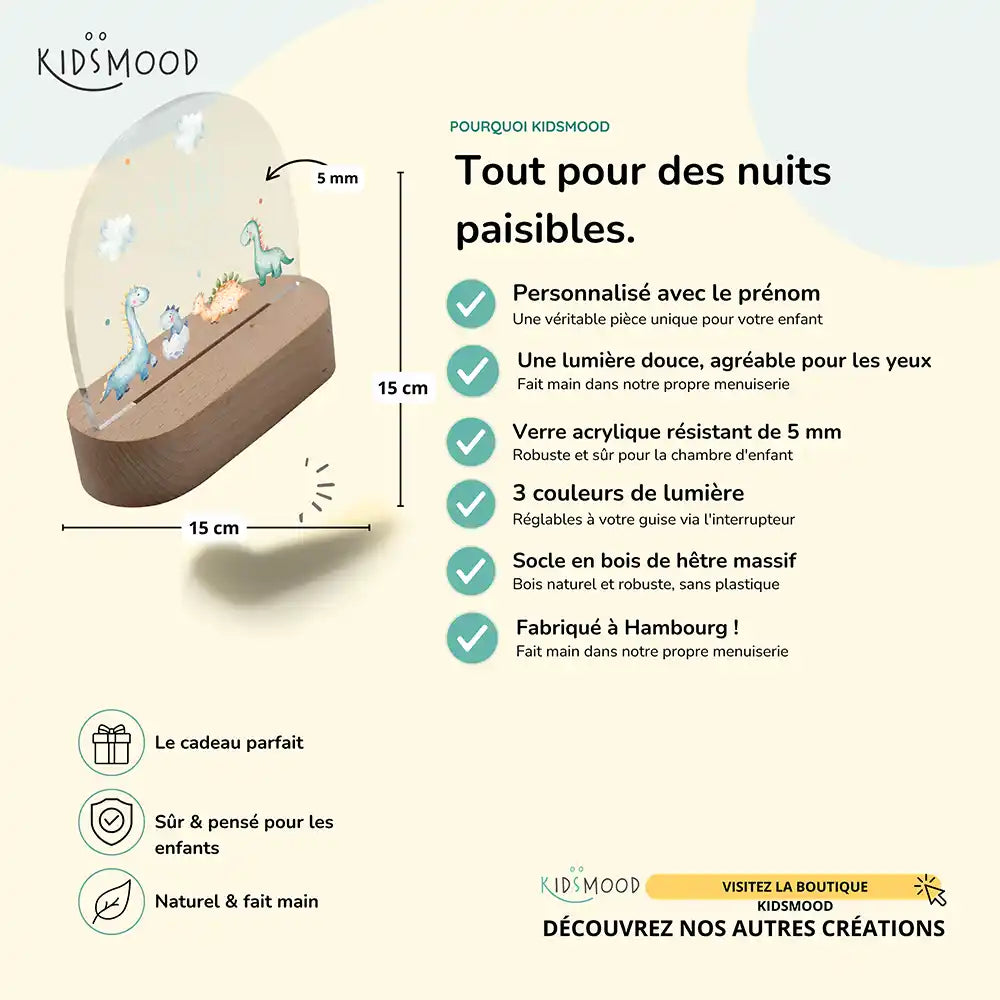 Veilleuse enfant personnalisée Bébés dinos – détail du socle en hêtre et du bouton de réglage
