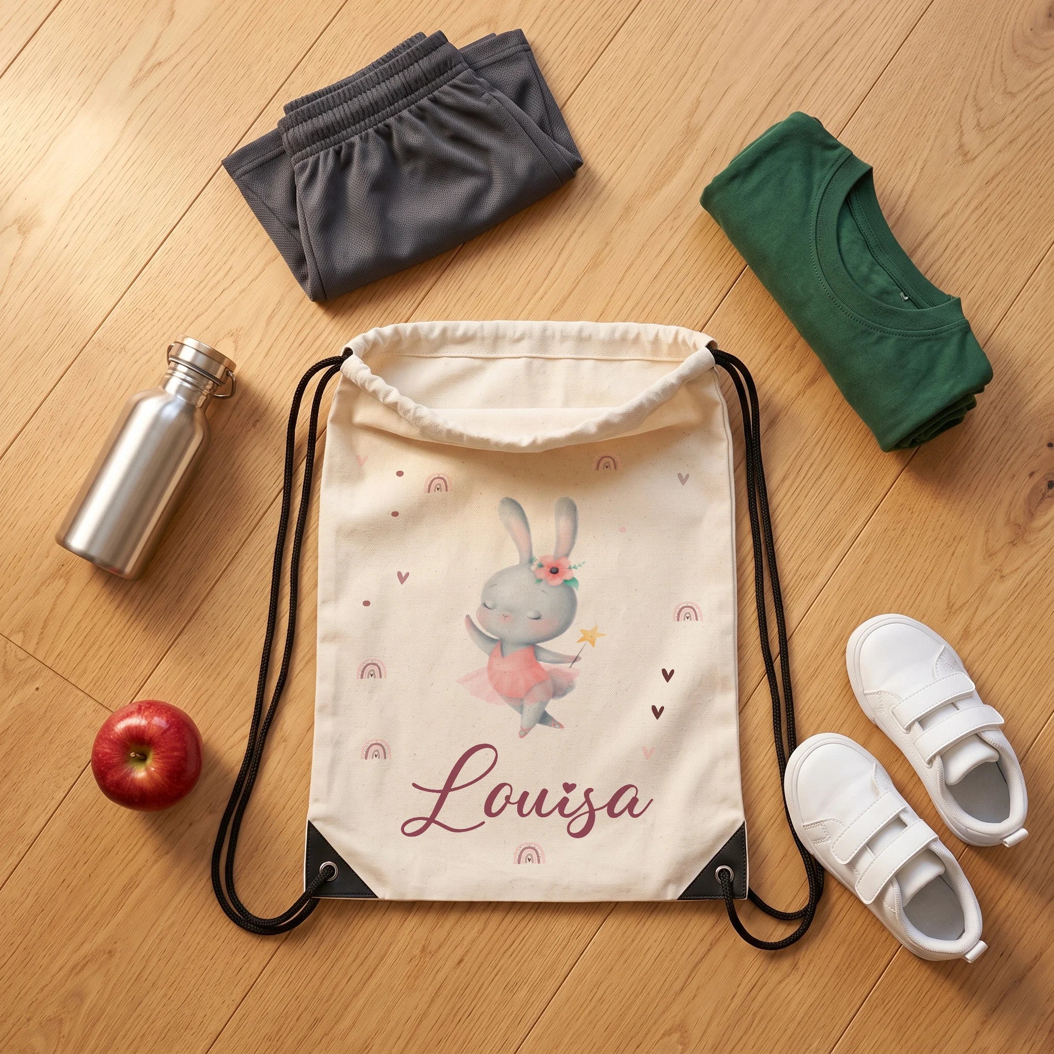 Sac de sport personnalisé avec tenue de sport, chaussures et gourde, motif lapin ballerine — Kidsmood