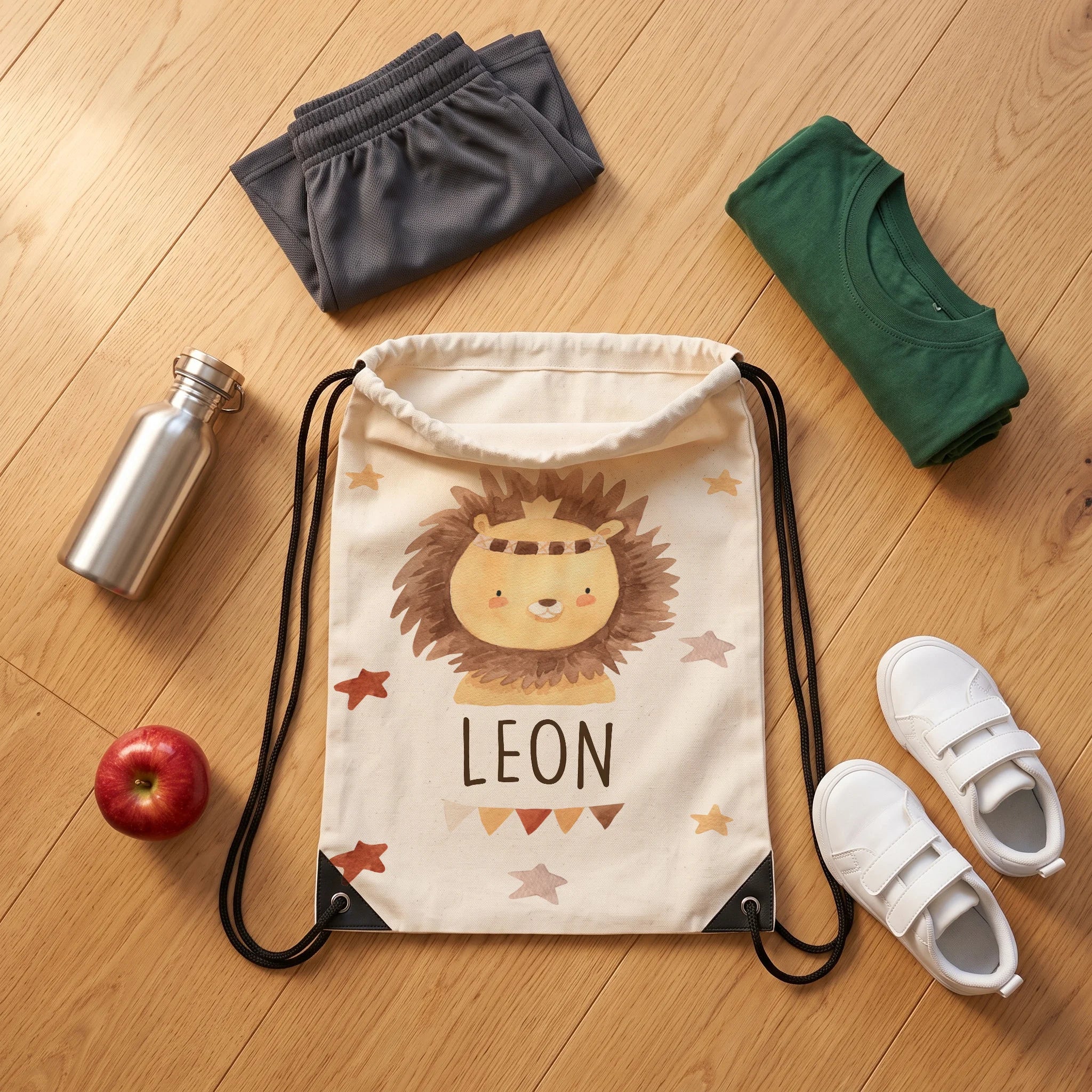 Sac de sport personnalisé avec tenue de sport, chaussures et gourde, motif lion bohème — Kidsmood
