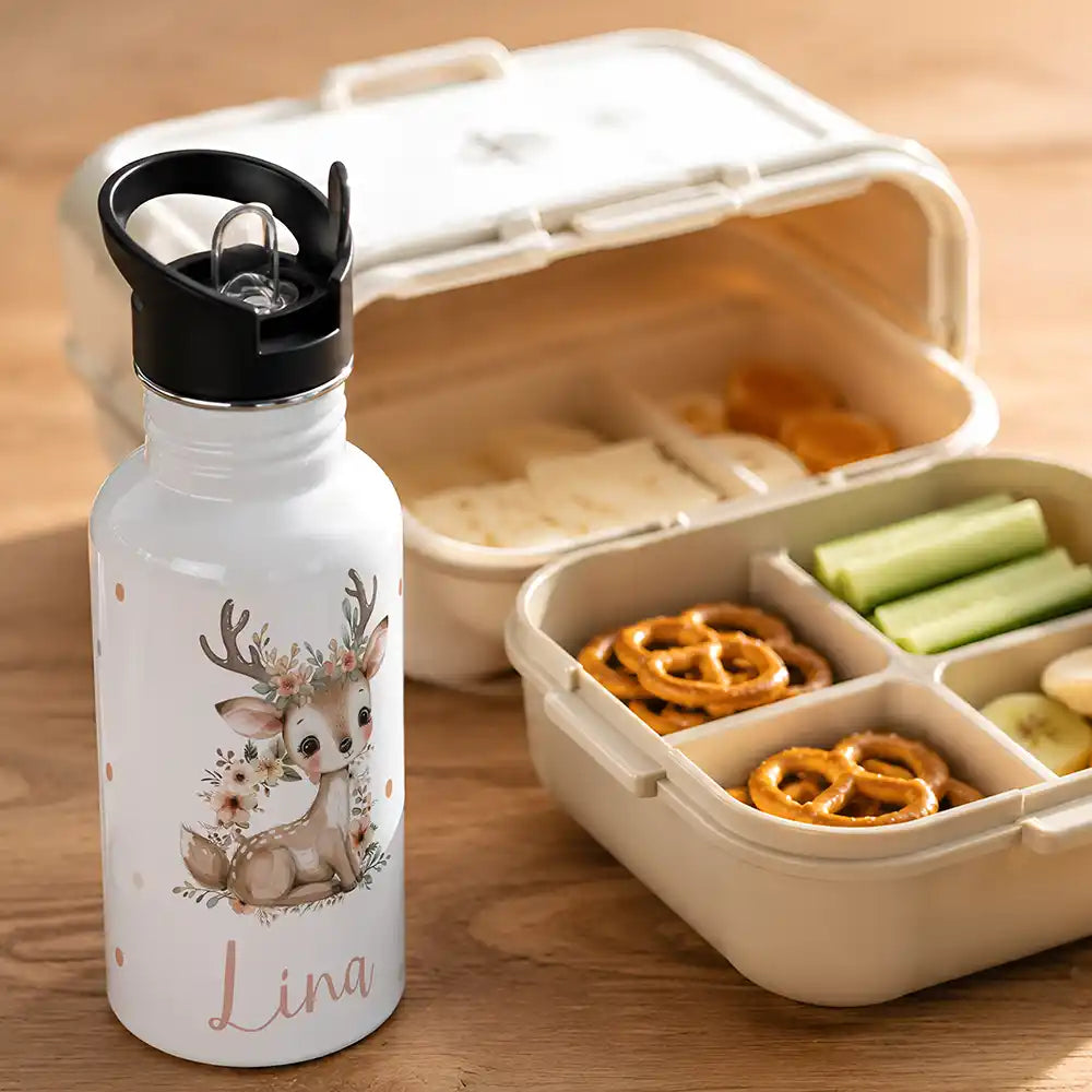 Gourde de rentrée scolaire personnalisée motif Faon fleuri — Kidsmood
