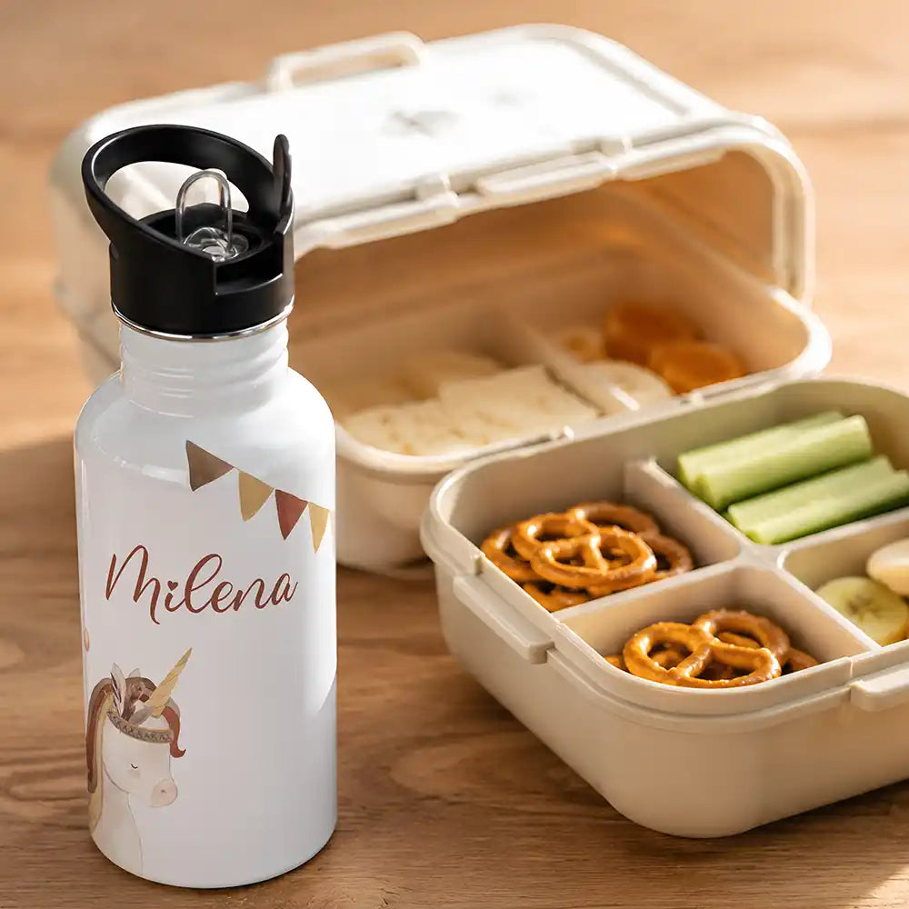 Gourde de rentrée scolaire personnalisée motif Licorne et guirlande — Kidsmood