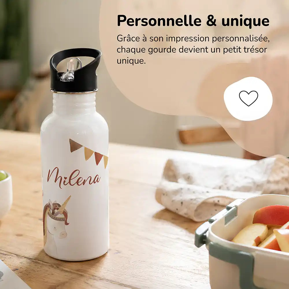 Gourde personnalisée motif Licorne et guirlande, impression unique avec prénom — Kidsmood