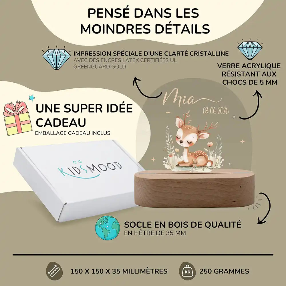 Veilleuse enfant personnalisée Faon endormi – trois températures de lumière au choix