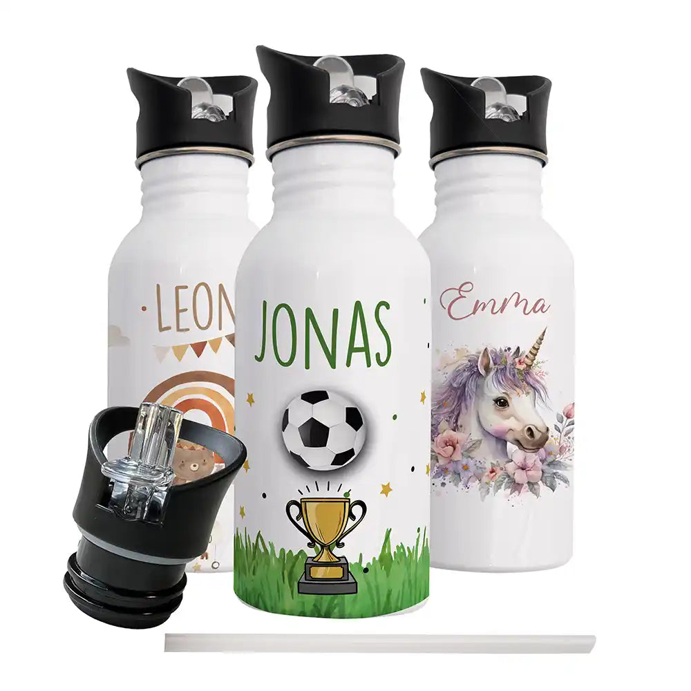 Gourde personnalisée motif Football et trophée avec bouchon à paille amovible — Kidsmood