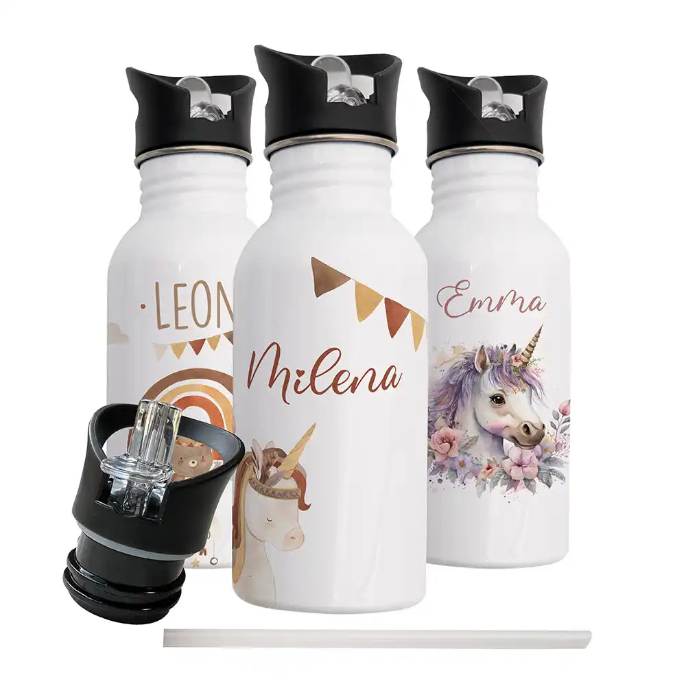 Gourde personnalisée motif Licorne et guirlande avec bouchon à paille amovible — Kidsmood