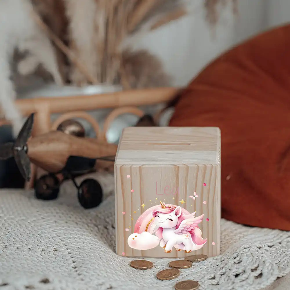Tirelire enfant en bois avec serrure et clé, motif licorne — Kidsmood