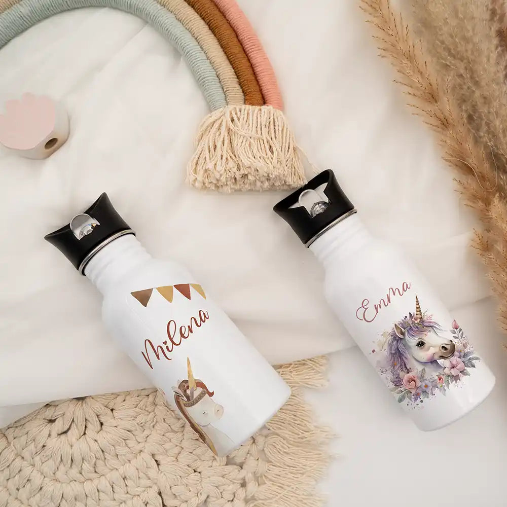 Gourde personnalisée en métal pour enfant, motif Licorne et guirlande — Kidsmood