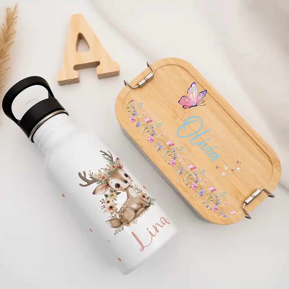 Gourde inox personnalisée avec prénom réutilisable, motif Faon fleuri — Kidsmood