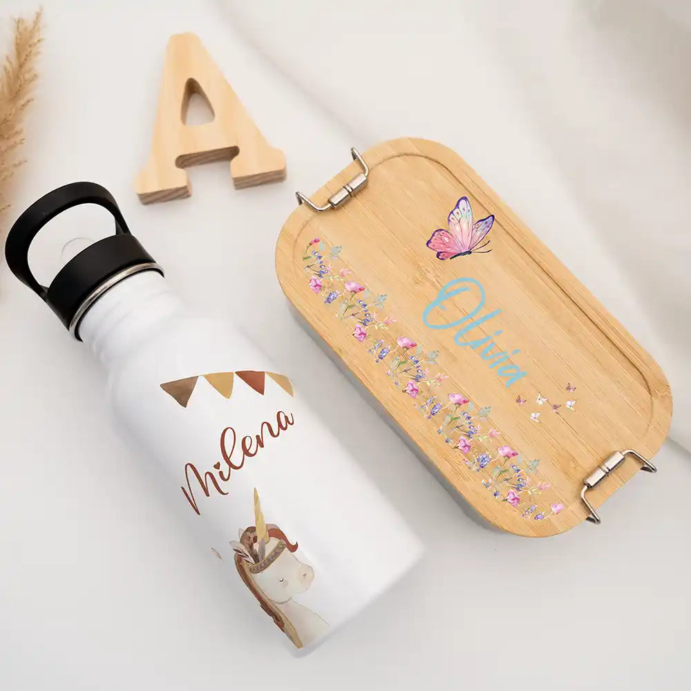 Gourde inox personnalisée avec prénom réutilisable, motif Licorne et guirlande — Kidsmood