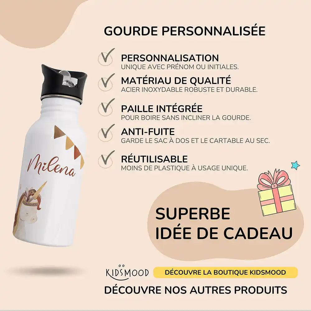 Les atouts de la gourde personnalisée enfant motif Licorne et guirlande — Kidsmood
