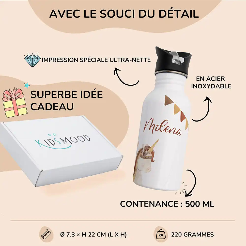 Détails et dimensions de la gourde enfant 500 ml motif Licorne et guirlande — Kidsmood
