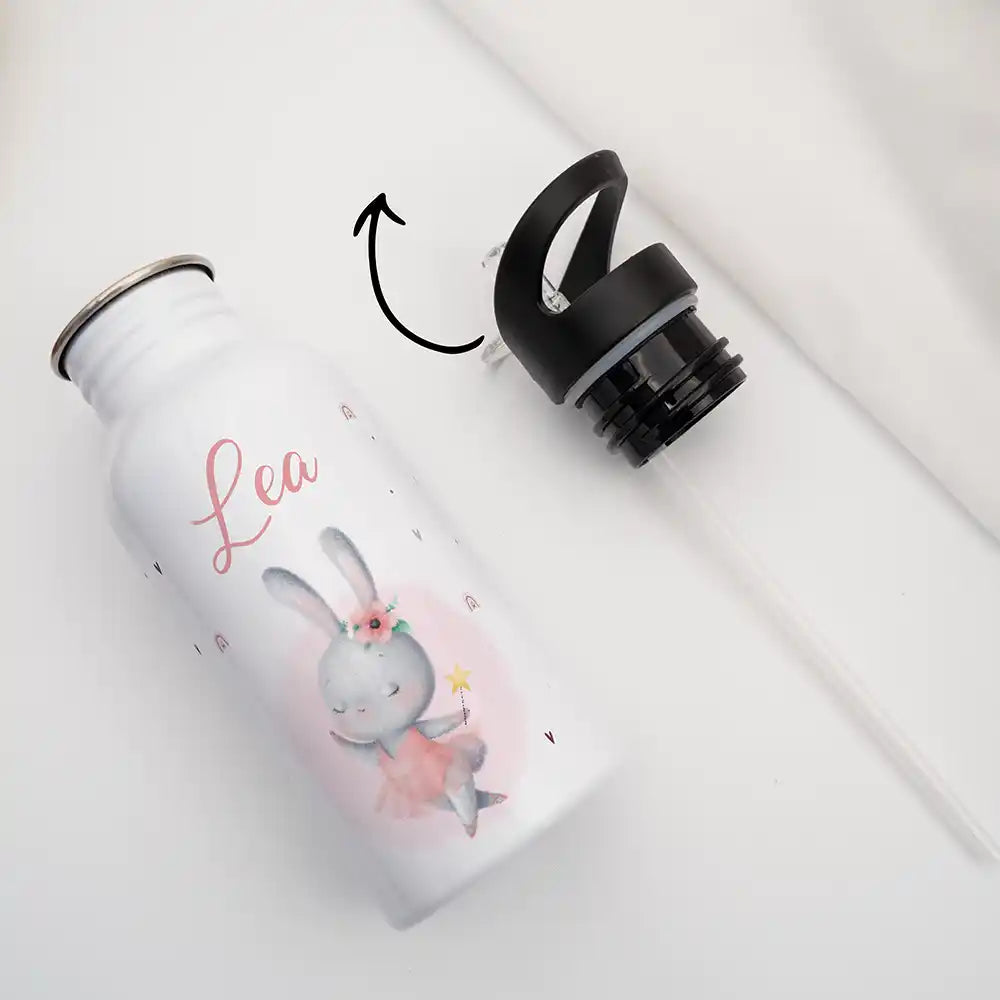 Gourde enfant en inox avec paille pour l'école et le sport, motif Lapin ballerine — Kidsmood