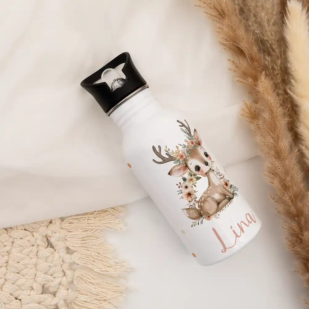 Jolie gourde personnalisée enfant motif Faon fleuri avec prénom — Kidsmood
