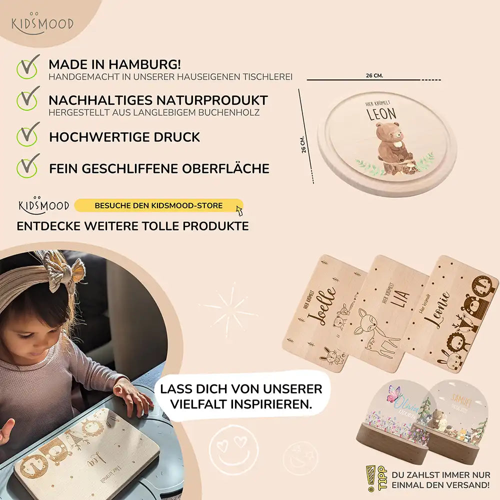 Rundes personalisiertes Frühstücksbrettchen Bär mit Namen für Kinder