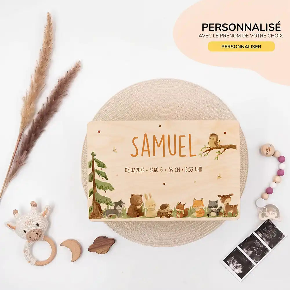 Boîte à souvenirs bébé personnalisée Animaux de la forêt – ambiance avec enfant dans la chambre