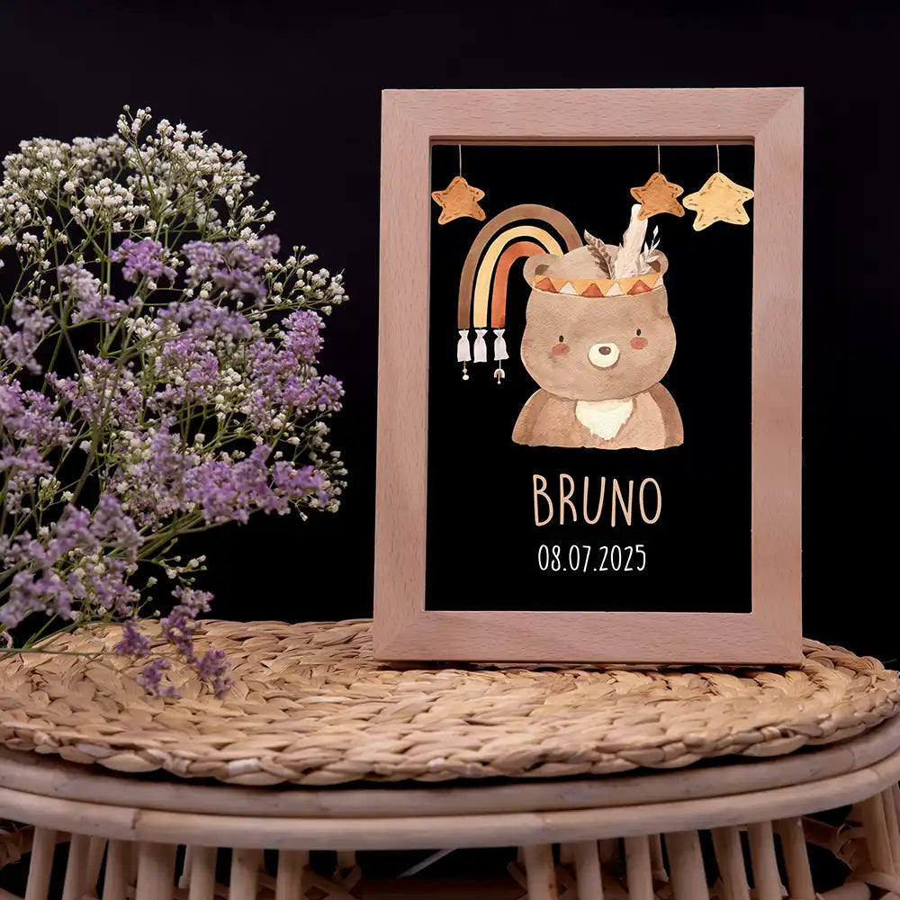 Personalisiertes LED Nachtlicht Bilderrahmen mit Namen - Boho Bär