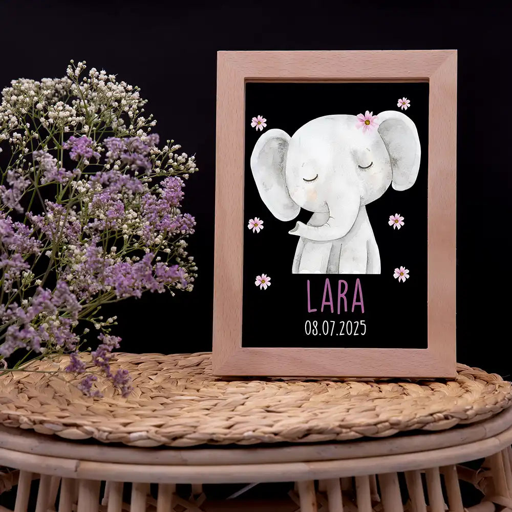 Personalisiertes LED Nachtlicht Bilderrahmen mit Namen - Elefant mit Pünktchen