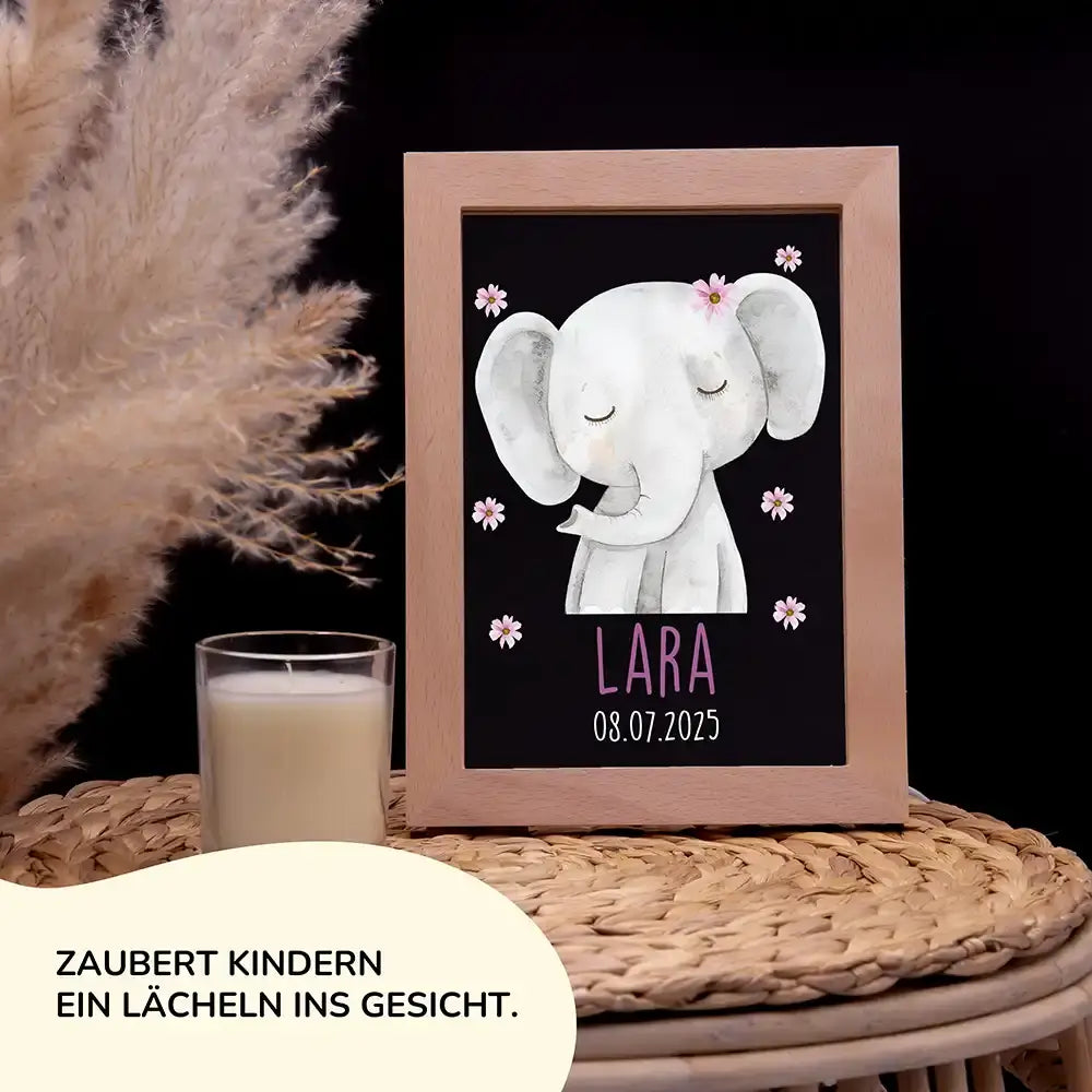 Personalisiertes LED Nachtlicht Bilderrahmen mit Namen - Elefant mit Pünktchen