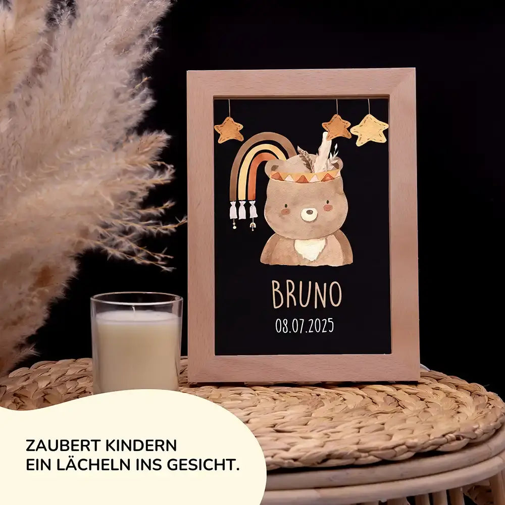 Personalisiertes LED Nachtlicht Bilderrahmen mit Namen - Boho Bär