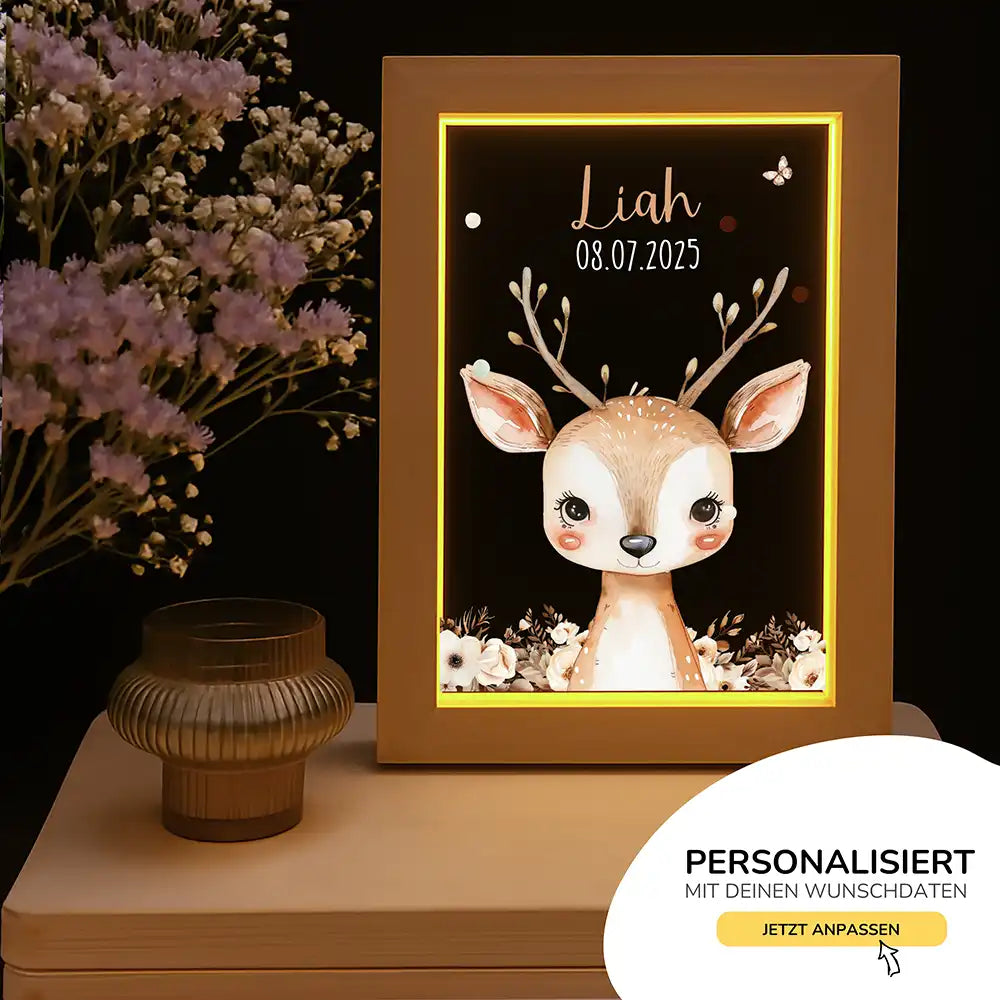 Personalisiertes LED Nachtlicht Bilderrahmen mit Namen - Baby Reh