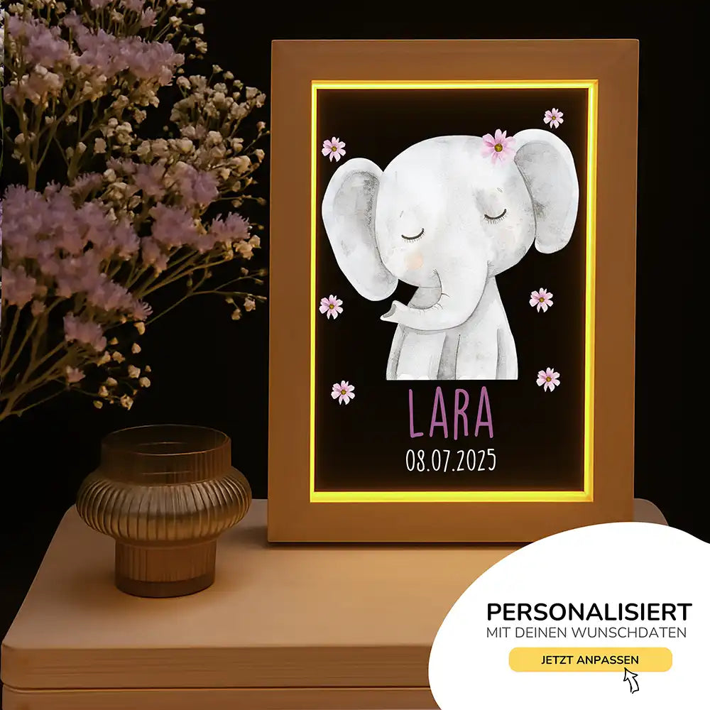 Personalisiertes LED Nachtlicht Bilderrahmen mit Namen - Elefant mit Pünktchen