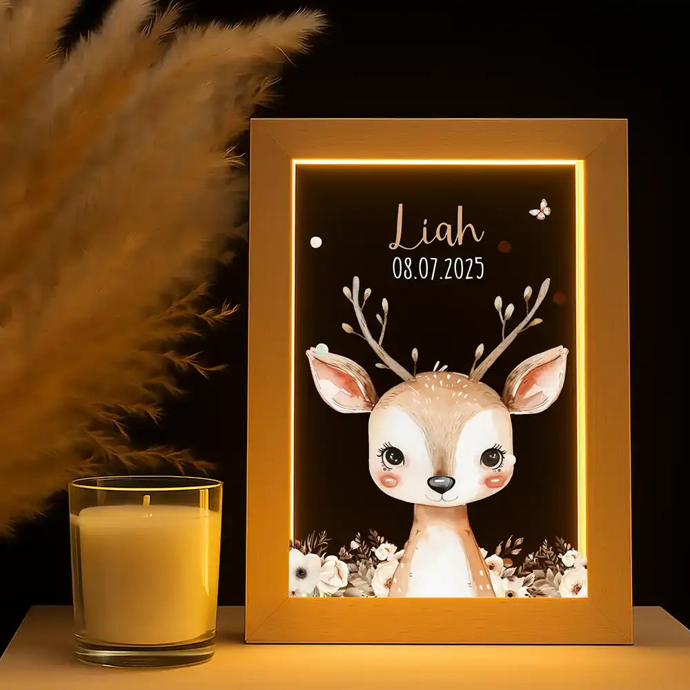 Personalisiertes LED Nachtlicht Bilderrahmen mit Namen - Baby Reh